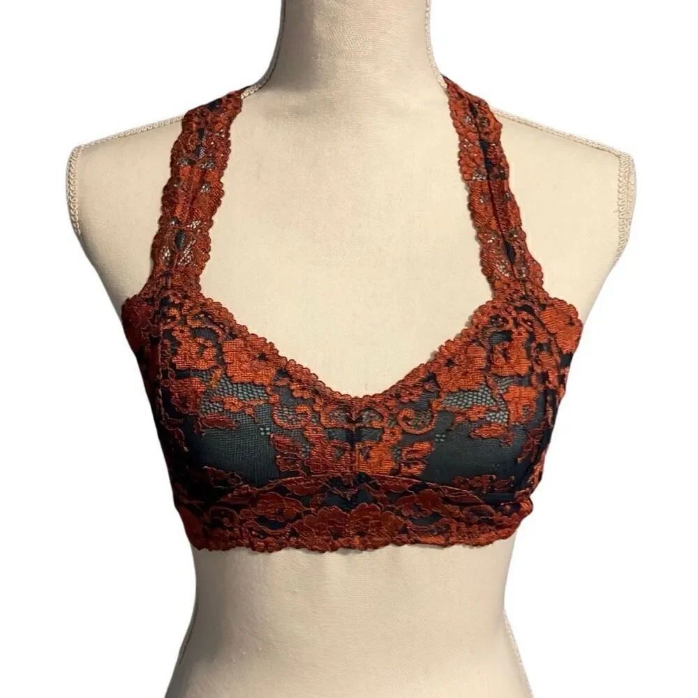 Intimately Free People Galloon Two Tone Lace Racerback Bralette Black Rust Small